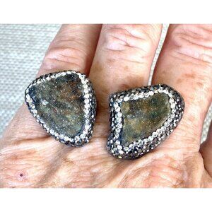 Turkish Double Green Stone Ring Faceted Crystal & Hemotite Surround Main Stones